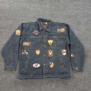 Noiz Jacket Mens XL Blue Denim Embroidered Patch Logo Retro Streetwear Vintage